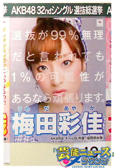 【AKB48第5回選抜総選挙・スピーチ全文】19位・梅田彩佳「バカにされたとしても1％の可能性があったら…」